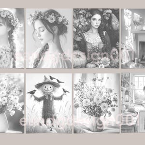 May include: A set of 10 black and white coloring pages featuring various images, including a woman with a flower crown, a scarecrow, a bouquet of flowers, and a woman in a kitchen.