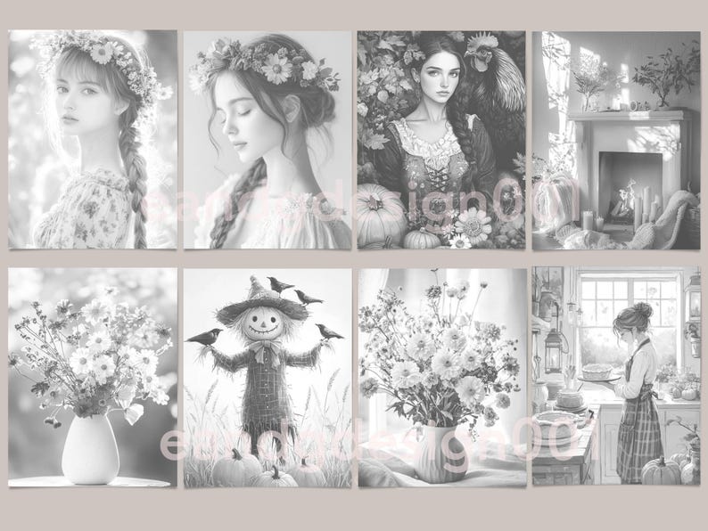 May include: A set of 10 black and white coloring pages featuring various images, including a woman with a flower crown, a scarecrow, a bouquet of flowers, and a woman in a kitchen.