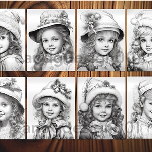 Vintage Christmas little girl coloring pages Holiday-themed coloring pages featuring little girls Winter Girls coloring book Grayscale color image 10