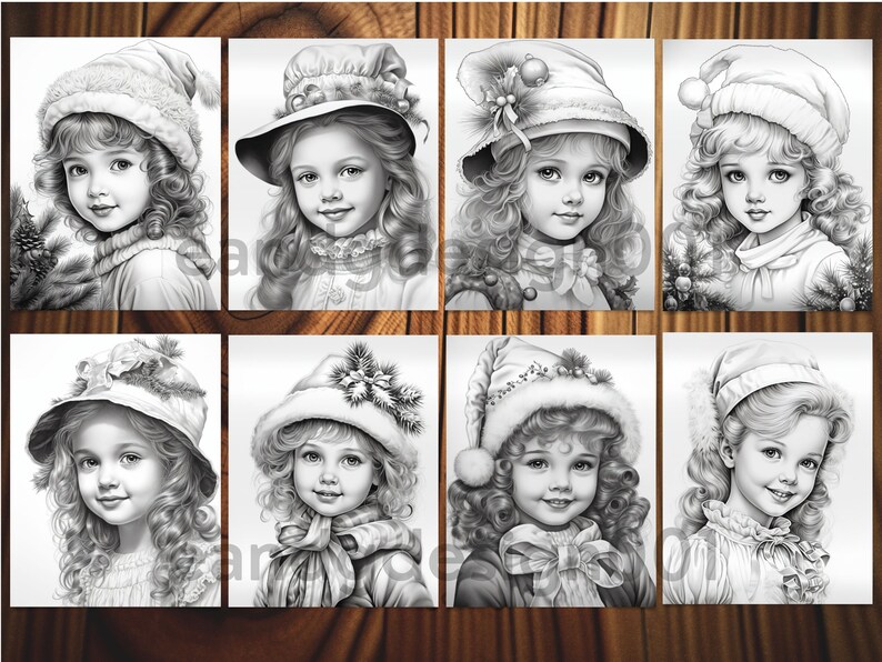 Vintage Christmas little girl coloring pages Holiday-themed coloring pages featuring little girls Winter Girls coloring book Grayscale color image 10