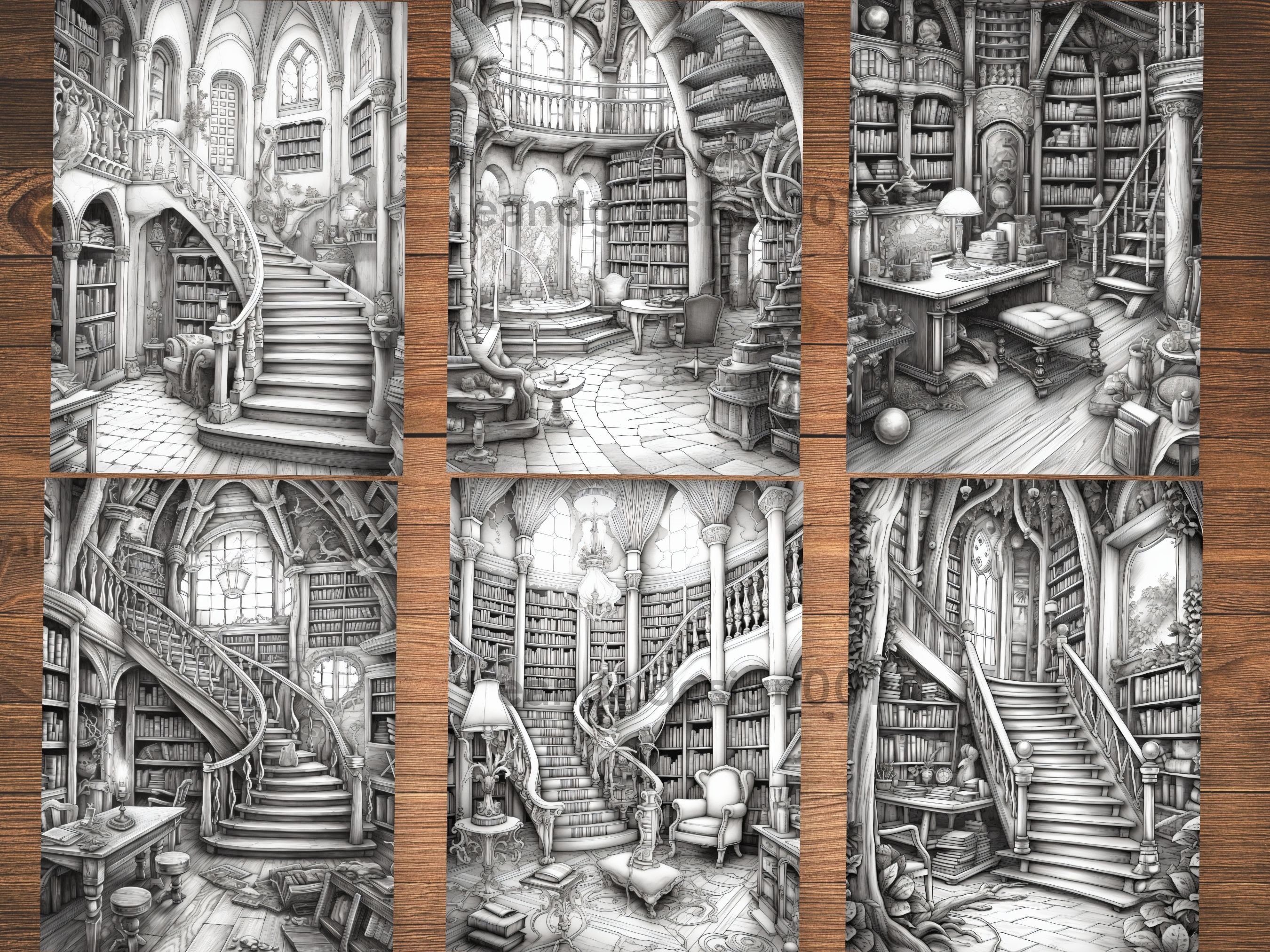 Enchanted Library Coloring Page Book, Fantasy Coloring Book, Adult ...