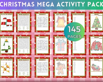 May include: A Christmas-themed activity pack with 145 pages of activities, including fill-in-the-image, word searches, Sudoku, dot-to-dot, word scrambles, and mazes. The pages are decorated with a red and white checkered pattern.