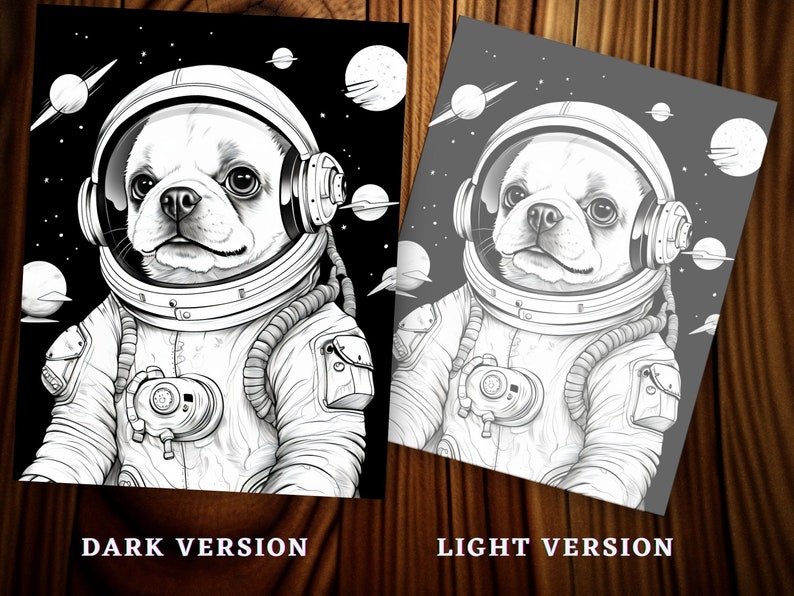 May include: Two illustrations of a dog in an astronaut suit against a space background. One is a dark version with a black background and the other is a light version with a grey background. The text "DARK VERSION" and "LIGHT VERSION" are at the bottom of each image.