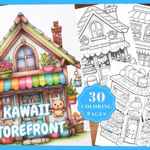 Urocza witryna sklepowa w odcieniach szarości Kolorowanki Kawaii Frontstore Kolorowanka Natychmiastowe pobieranie Front store Wydrukuj PDF Urocza witryna sklepowa