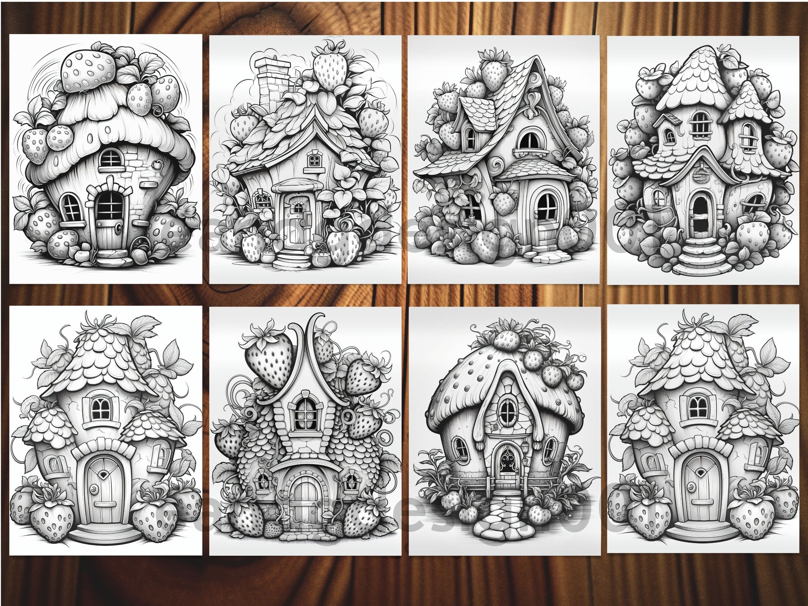 Adorable Strawberry House Coloring Pages for Adults Instant - Etsy