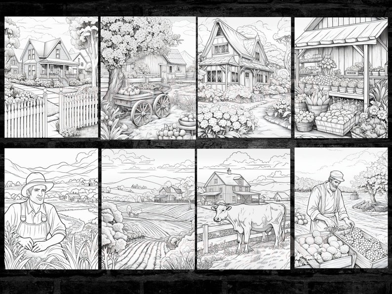 May include: A black and white illustration of a rural landscape with a farmhouse, a cow, a farmer, and a fruit stand. The illustration is divided into eight panels, each depicting a different scene.