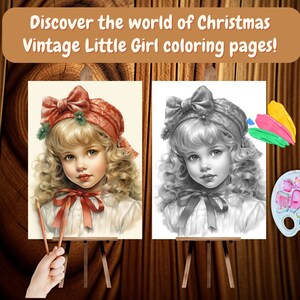 Vintage Christmas little girl coloring pages Holiday-themed coloring pages featuring little girls Winter Girls coloring book Grayscale color image 4