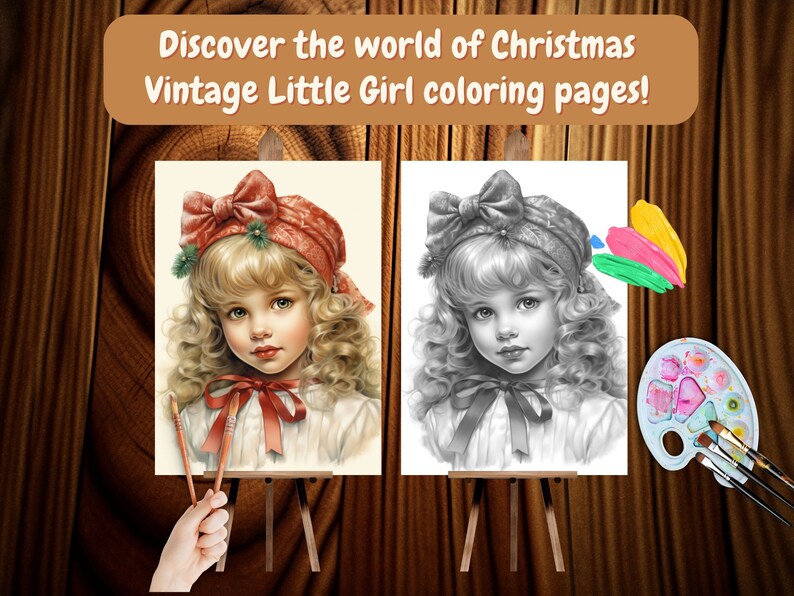 Vintage Christmas little girl coloring pages Holiday-themed coloring pages featuring little girls Winter Girls coloring book Grayscale color image 4