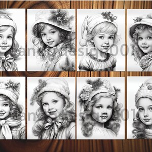 Vintage Christmas little girl coloring pages Holiday-themed coloring pages featuring little girls Winter Girls coloring book Grayscale color image 9