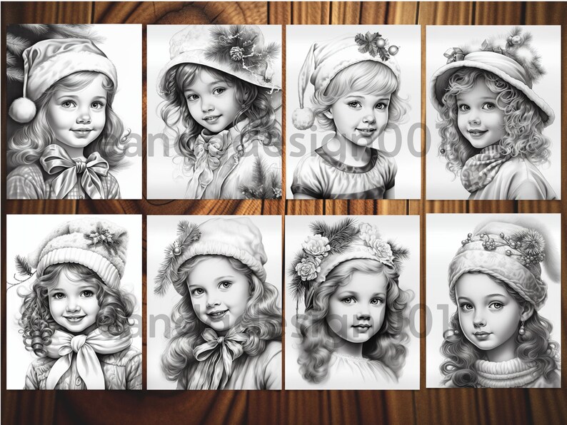 Vintage Christmas little girl coloring pages Holiday-themed coloring pages featuring little girls Winter Girls coloring book Grayscale color image 9
