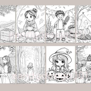 Op de afbeelding: Een verzameling van acht zwart-wit kleurplaten met herfst- en Halloween-thema's. De illustraties bevatten kinderen, pompoenen en buitensc&egrave;nes, perfect voor creatieve activiteiten.