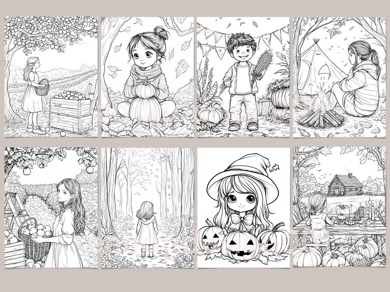 Op de afbeelding: Een verzameling van acht zwart-wit kleurplaten met herfst- en Halloween-thema's. De illustraties bevatten kinderen, pompoenen en buitensc&egrave;nes, perfect voor creatieve activiteiten.