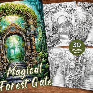 魔法の森の門のぬり絵ページ 印刷可能な魔法の門のぬり絵シート 神秘的な森の門のグレースケールの森のぬり絵