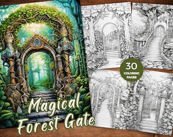 Magical Forest Gate Coloring Pages Printable Enchanted gate Coloring Sheets of Mystical Forest Gate Grayscale Coloring Book of Forest