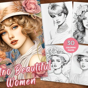 Retro women coloring pages for adults Instant Download beautiful women coloring pages Pretty lady coloring sheets Grayscale beautiful women