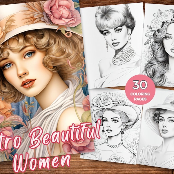 Retro women coloring pages for adults Instant Download beautiful women coloring pages Pretty lady coloring sheets Grayscale beautiful women
