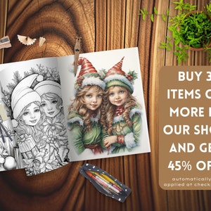 May include: A black and white colouring book page featuring two elves with long hair wearing green and red hats. The elves are holding gifts. The text on the page reads "BUY 3 ITEMS OR MORE IN OUR SHOP AND GET 45% OFF automatically applied at checkout."