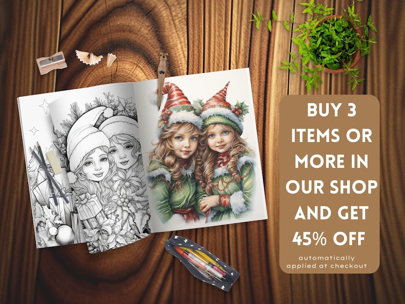 May include: A black and white colouring book page featuring two elves with long hair wearing green and red hats. The elves are holding gifts. The text on the page reads "BUY 3 ITEMS OR MORE IN OUR SHOP AND GET 45% OFF automatically applied at checkout."