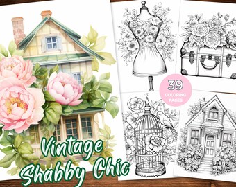 Desenhos para colorir vintage Shabby Chic Objetos vintage com flores Folhas para colorir Livro de colorir em tons de cinza Shabby Chic para adultos PDF para impressão