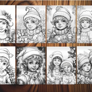 May include: Eight black and white illustrations of elves wearing Santa hats. The elves are depicted in various poses, some holding gifts, others smiling, and some looking thoughtful. The illustrations are perfect for colouring pages or holiday crafts.