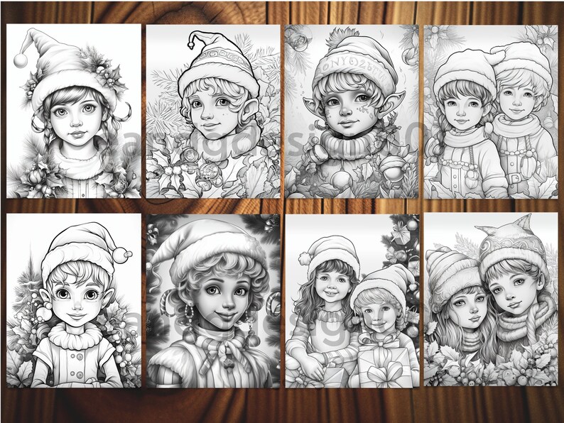 May include: Eight black and white illustrations of elves wearing Santa hats. The elves are depicted in various poses, some holding gifts, others smiling, and some looking thoughtful. The illustrations are perfect for colouring pages or holiday crafts.