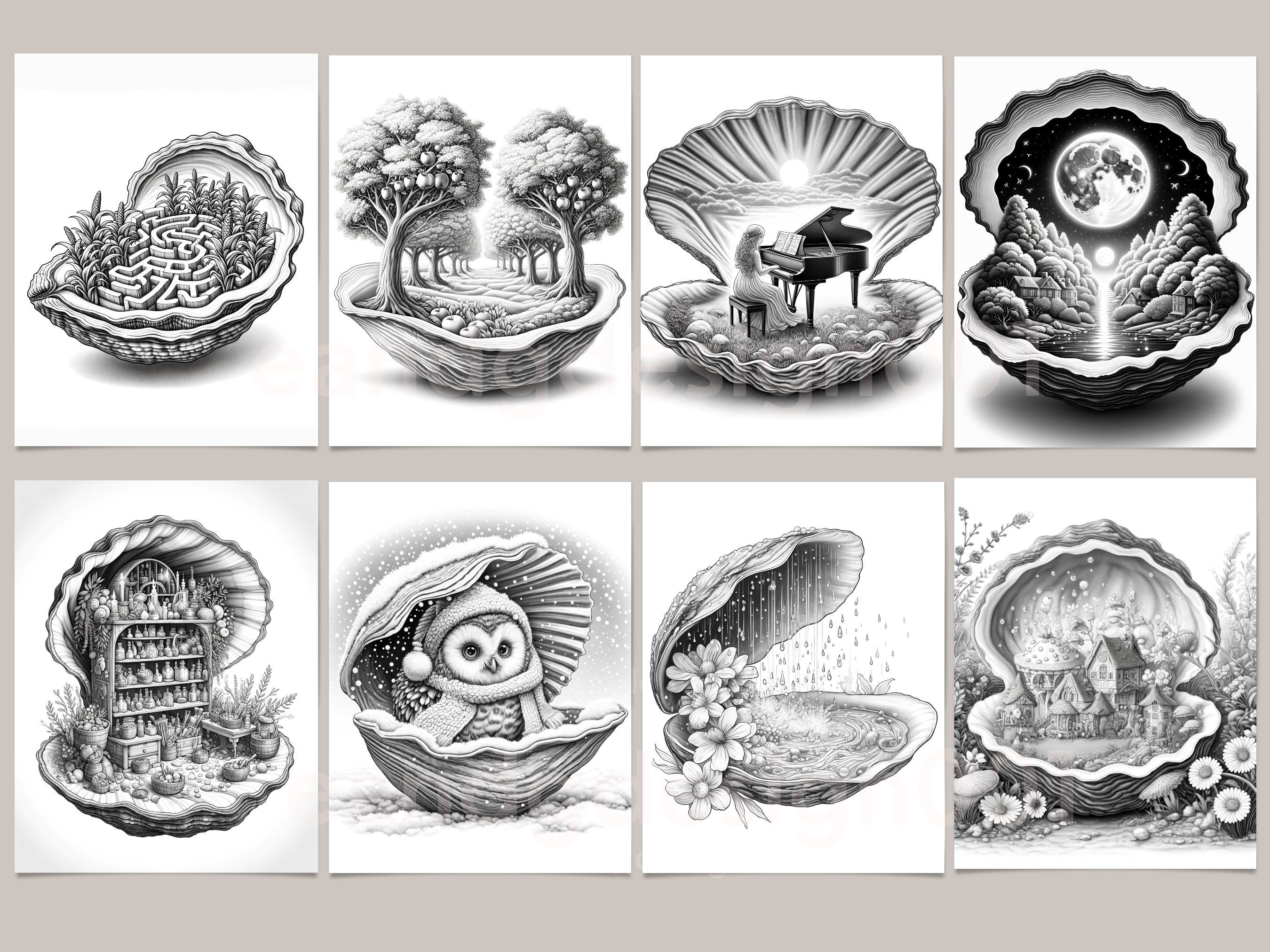 Fantasy World in an Opened Shell Coloring Book Grayscale Oyster Shell ...