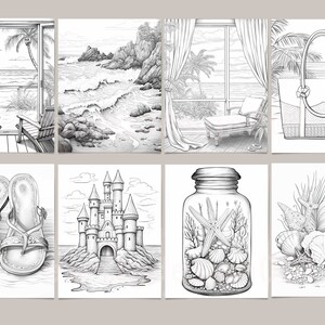 Op de afbeelding: Een set van acht zwart-wit illustraties met strandthema. De illustraties omvatten een strandscene met uitzicht vanaf een veranda, een strandscene met een rotsachtige kust, een strandscene met een ligstoel, een strandtas, een paar sandalen, een zandkasteel, een glazen pot gevuld met schelpen en een stapel schelpen.