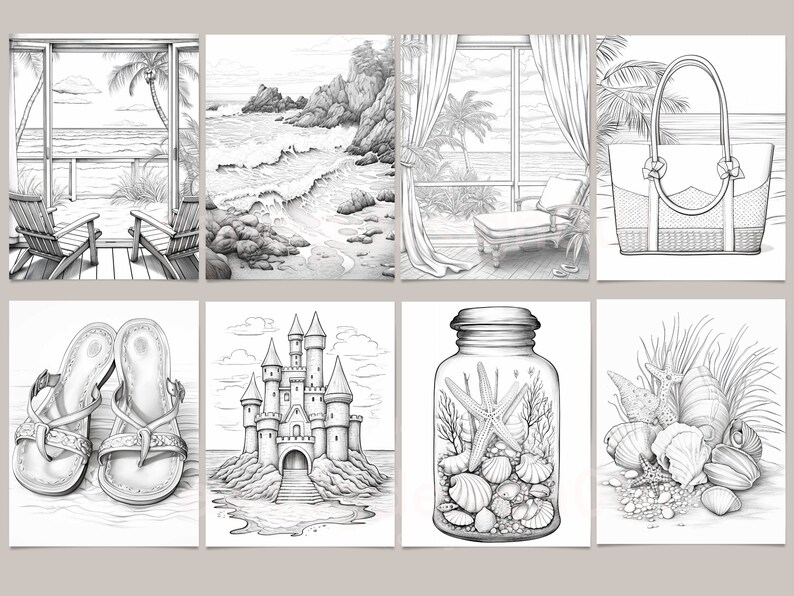 Op de afbeelding: Een set van acht zwart-wit illustraties met strandthema. De illustraties omvatten een strandscene met uitzicht vanaf een veranda, een strandscene met een rotsachtige kust, een strandscene met een ligstoel, een strandtas, een paar sandalen, een zandkasteel, een glazen pot gevuld met schelpen en een stapel schelpen.
