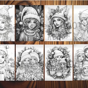May include: Eight black and white illustrations of people wearing Santa hats and winter clothing. The illustrations are set against a background of holly, pine branches, and other winter foliage. Some of the illustrations feature multiple people, while others feature a single person. The illustrations are all in a similar style, with a focus on detail and realism.
