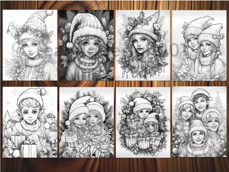 May include: Eight black and white illustrations of people wearing Santa hats and winter clothing. The illustrations are set against a background of holly, pine branches, and other winter foliage. Some of the illustrations feature multiple people, while others feature a single person. The illustrations are all in a similar style, with a focus on detail and realism.