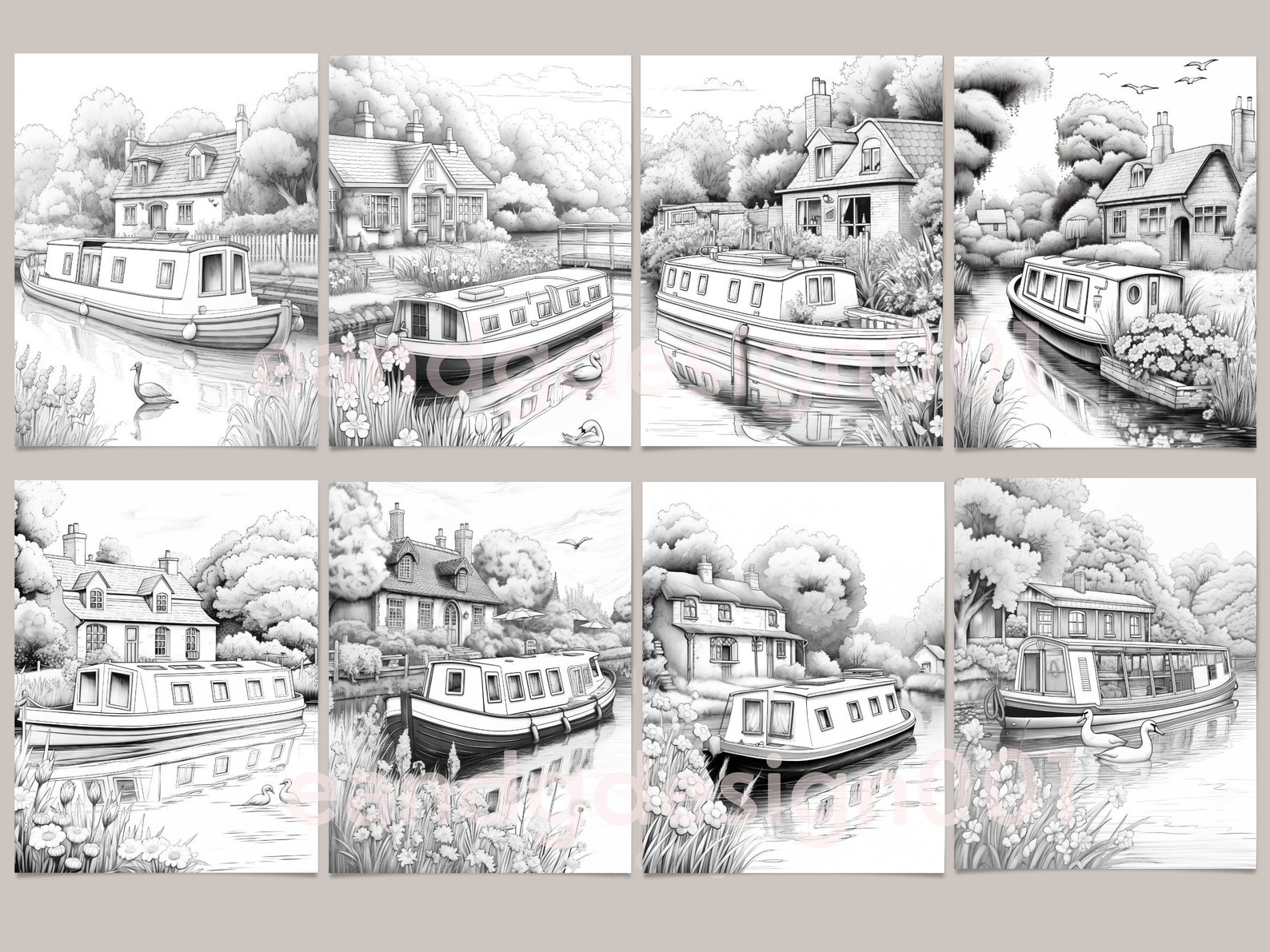 English Canal Boat Coloring Book English Tiny Boat for Stress Relief ...