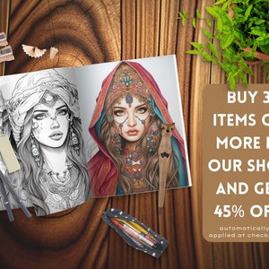 May include: An open coloring book with two illustrations of women with intricate headwear and detailed designs. The book is on a wooden surface with pencils and a pencil sharpener. A sign reads "BUY 3 ITEMS OR MORE IN OUR SHOP AND GET 45% OFF automatically applied at checkout."