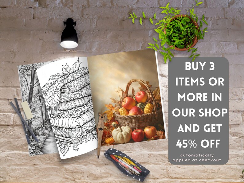 May include: A coloring book with a black and white illustration of a stack of blankets and a basket of apples, pumpkins, and corn. The text on the image reads "BUY 3 ITEMS OR MORE IN OUR SHOP AND GET 45% OFF automatically applied at checkout."