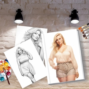 May include: Three black and white drawings of women on white paper. The drawings are on a brick wall background with two black lamps and paint brushes.