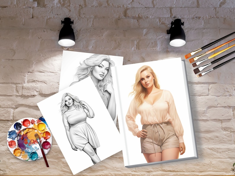 May include: Three black and white drawings of women on white paper. The drawings are on a brick wall background with two black lamps and paint brushes.