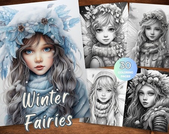 May include: A colouring book cover featuring four illustrations of fairies with winter themes. The fairies are wearing winter clothing and have intricate details in their hair and wings. The cover also includes the text "Winter Fairies" and "30 Colouring Pages".