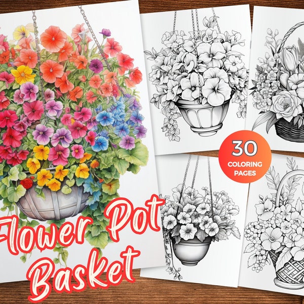 Flower Pot Baskets Printable Coloring Pages Instant Download Grayscale coloring book Blooms and baskets coloring sheet Hanging flower basket