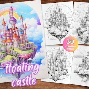 Floating Castles coloring pages for Adults Fantasy Castles in the sky coloring book Sky-high castle illustrations for colorists grayscale