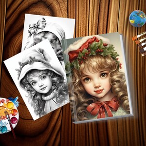 Vintage Christmas little girl coloring pages Holiday-themed coloring pages featuring little girls Winter Girls coloring book Grayscale color image 6