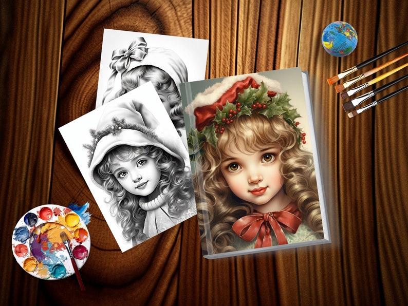 Vintage Christmas little girl coloring pages Holiday-themed coloring pages featuring little girls Winter Girls coloring book Grayscale color image 6