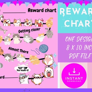 May include: A pink printable reward chart with a cat theme. The chart features a series of cute cartoon cats with different expressions, including a cat crying, a cat with a heart, and a cat wearing sunglasses. The chart is designed for children and includes the text "Reward chart", "Getting closer", "Almost There", and "You made it!"
