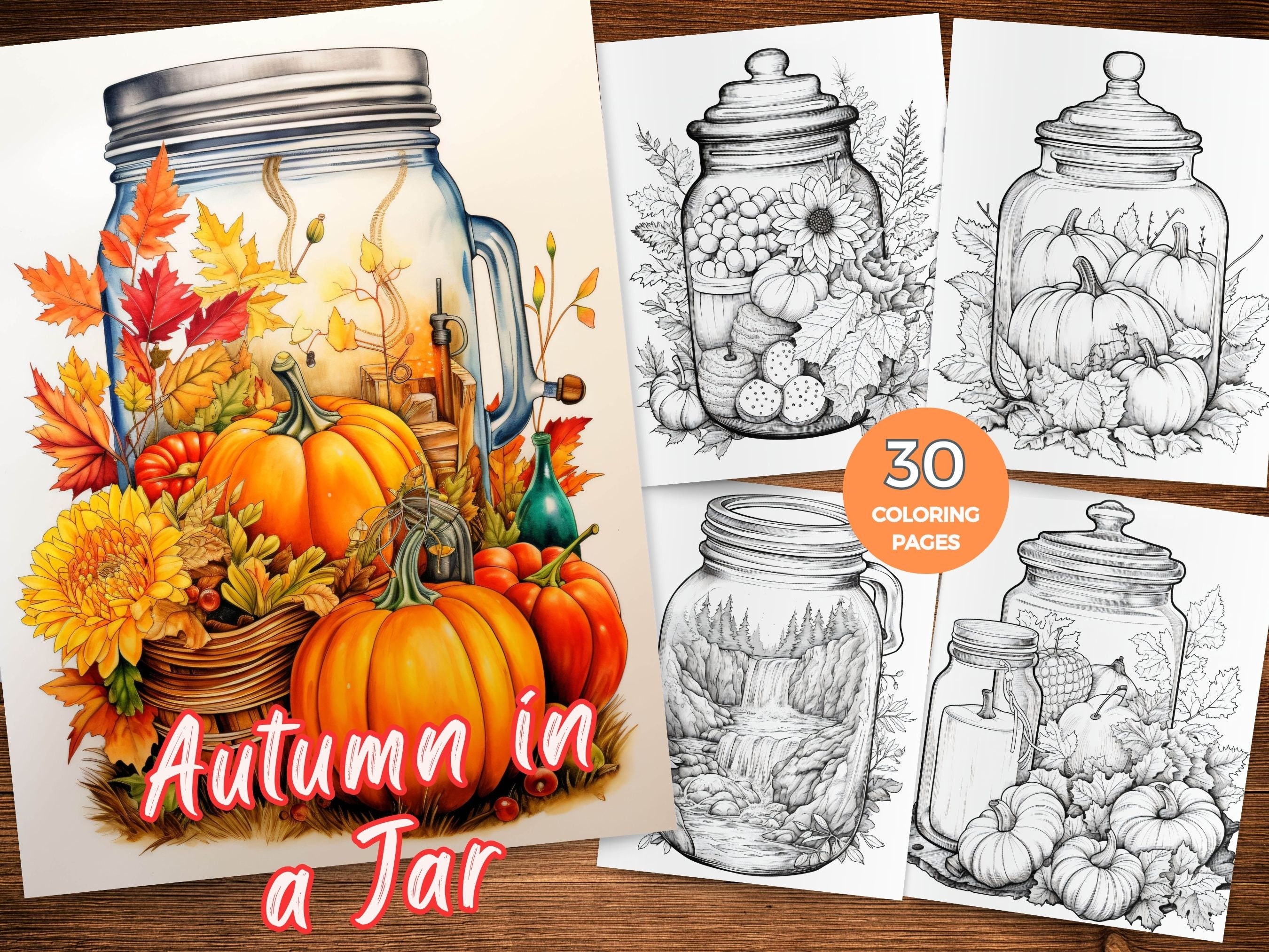 Autumn In A Jar Coloring Pages Fall Coloring Pages Printable Grayscale Autumn jar Coloring Book Instant Download Fall Harvest coloring sheet