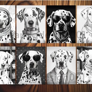 Op de afbeelding: Een set van acht zwart-wit illustraties met een Dalmati&euml;r in verschillende settings. De hond draagt een zonnebril, een pak, een astronautenpak en andere outfits.