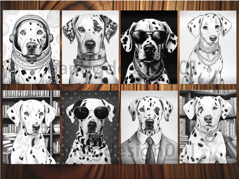 Op de afbeelding: Een set van acht zwart-wit illustraties met een Dalmati&euml;r in verschillende settings. De hond draagt een zonnebril, een pak, een astronautenpak en andere outfits.