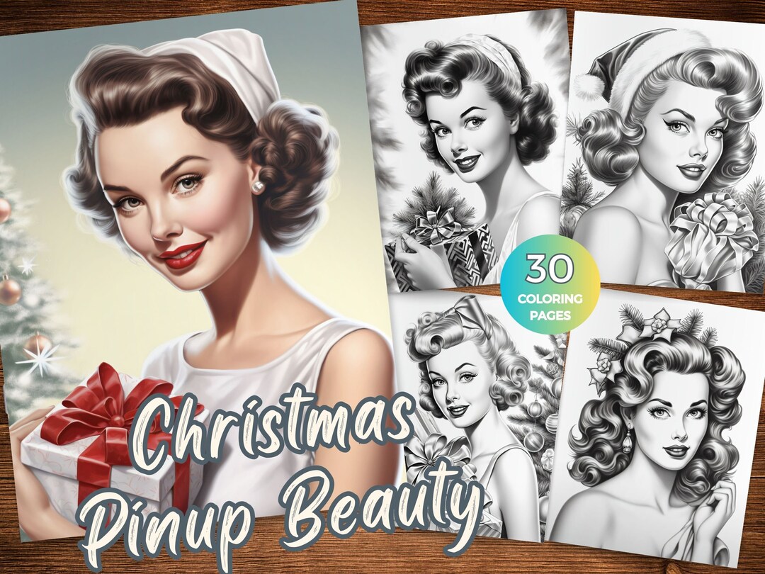 Christmas Pinups Girls Coloring Pages for Adults Instant Download Retro ...