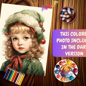 Vintage Christmas little girl coloring pages Holiday-themed coloring pages featuring little girls Winter Girls coloring book Grayscale color image 2