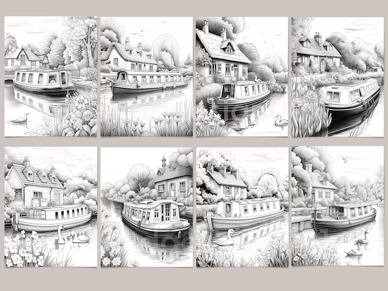 English Canal Boat Coloring Book English Tiny Boat for Stress Relief ...