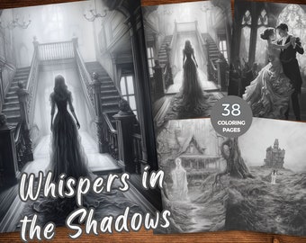 Whispers in the Shadows Grayscale Coloring Book Instant Download Printable PDF Gothic Valentines coloring pages for Adults Gothic coloring
