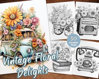 Páginas para colorir de objetos vintage com flores para adultos download instantâneo Objetos florais vintage em tons de cinza livro para colorir objeto floral vintage