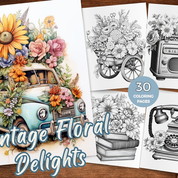 Vintage Objects with Flowers coloring pages for adults instant download Floral vintage objects grayscale coloring book vintage floral object